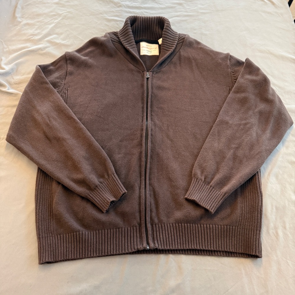 Weatherproof Vintage Men XXL Brown Cotton Full Zip Shawl Collar Cardigan Sweater